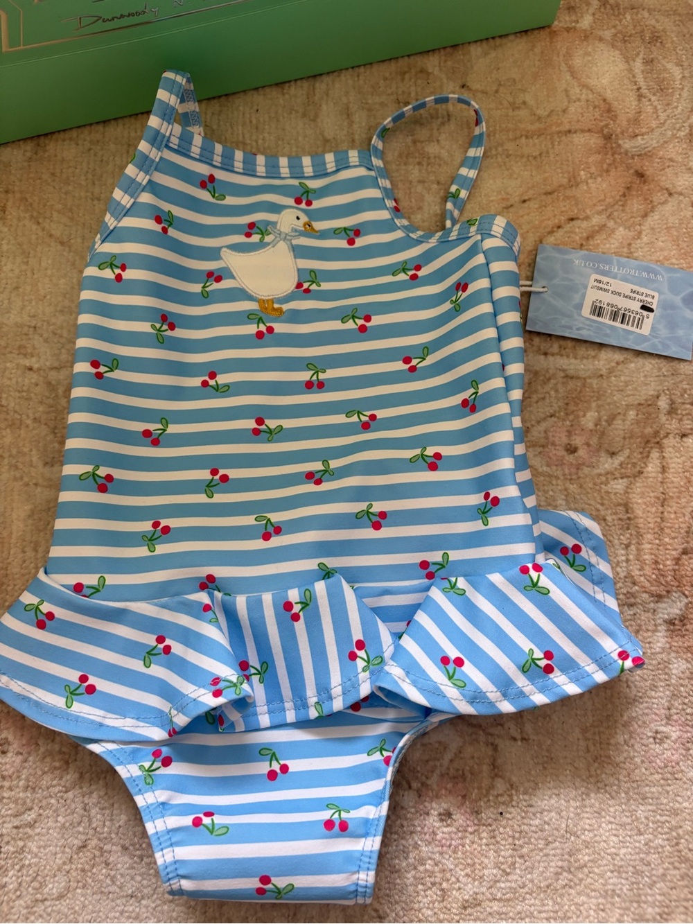 Trotters Blue and White Stripe Cherry Duck Ruffle One-Piece